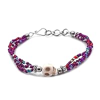 Skull Tumbled Magnesite Gemstone Seed Beaded Multi Strand Bracelet - Womens Fashion Handmade Jewelry Boho Accessories