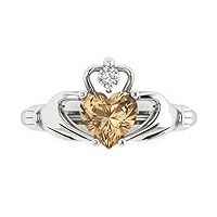 Clara Pucci 1.52ct Heart Cut Irish Celtic Claddagh Solitaire Brown Champagne Simulated Diamond designer Modern Ring 14k White Gold