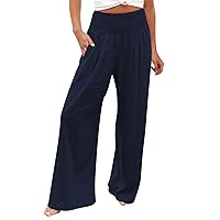 Womens Summer Elastic High Waisted Linen Palazzo Pants Wide Leg Long Solid Soft Pant Trousers with Pocket