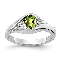Solid 14k White Gold 6x4mm Oval Peridot Green August Gemstone Checker Diamond Engagement Ring (.058 cttw.)