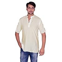 Men's Indian Button Down Shirt Shirt Kurta Solid Cream Color Tunic 100% Cotton Short Sleeve Plus Size