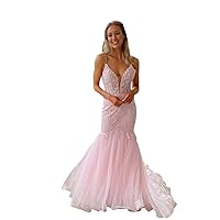 2024 Deep V Neck Mermaid Prom Evening Cocktail Dresses Formal Gowns with Spaghetti Straps Lace