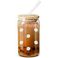 NewEleven Cute Glass Coffee Cups With Lids And Straw – Aesthetic Cups – Iced Coffee Cup, Coffee Tumbler, Glass Tumbler – Gifts For Women, Coffee Lover - 16 Oz Coffee Glass