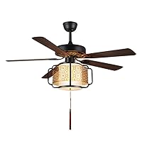 Ceiling Lights, 106cm Antique Ceiling Fan Lamp with Five Wooden Fan Blades, New Chinese Fabric Cover with Fan Light, E27*3 Iron Gold Window Fan Chandelier