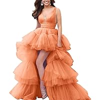 Xijun Women's High-Low V Neck Tulle Prom Dresses Long Layered Puffy Formal Evening Party Gowns with Train