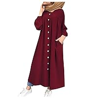Waist Dress for Women, Women Retro Long Sleeve Dress Solid Color Round Neck Maxi Dresses