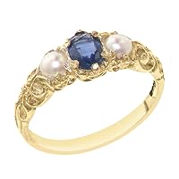 14k Yellow Gold Real Genuine Sapphire and Cultured Pearl Womens Band Ring