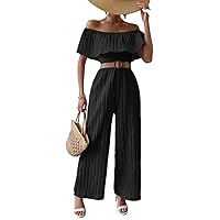 Women's 2024 Summer Wide Leg Long jumpsuits Half Sleeve Solid Color Pleated One Shoulder Straight Leg Jumpsuit