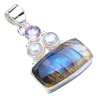 StarGems® Natural Blue Fire Labradorite River Pearl And Amethyst Handmade 925 Sterling Silver Pendant 1.25