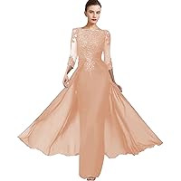 2023 Mother of The Bride Dress Elegant Jewel Neck Chiffon Lace 3/4 Sleeves Mermaid Wedding Guest Gown with Overskirt