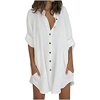 Women's Button Down Shirt Dress Round Neck Casual Summer Solid Color Flowy Beach Swing 3/4 Sleeve Knee Length Line Dress White