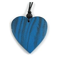 Blue Wood Grain Heart Pendant with Black Cotton Cord - 100cm Long Max/Adjustable