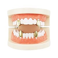 18K Gold Plated Hip Hop Teeth Grillz Caps 2pc Single Top and 2pc Single Bottom Vampire Fangs Dracula Grills for Your Teeth
