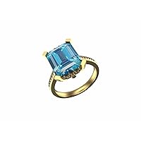5 Ctw Octagon Shape Natural Blue Topaz And Diamond Ring In 14k Solid Gold For Women And Girls 8x12 MM Blue Topaz And 1.5 MM Diamond