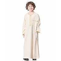 IMEKIS Kids Thobe for Muslim Boys Arab Tobes Long Sleeve Kaftan Embroidered Robe with Pockets Islamic Arabic Abaya Clothes
