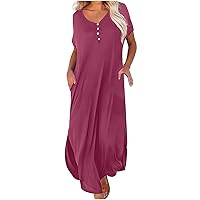 Maxi Dress for Women Summer Casual Short Sleeve V Neck Button Up Tshirt Dress Asymmetrical Hems Flowy Long Dress with Pockets