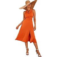 Midi Dresses for Women Halter Neck Slit Thigh Dress midi Dresses for Women (Color : Burnt Orange, Size : Medium)