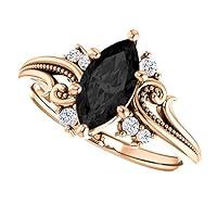 Love Band 1.00 CT Vintage Floral Black Marquise Engagement Ring 14k Rose Gold, Filigree Black Onyx Ring, Twig Leaf Marquise Black Diamond Ring, Woodland Ring, Gorgeous Ring For Her
