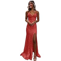 Sparkly Mermaid Sequin Prom Dresses V-Neck Long Formal Evening Party Gowns with Slit