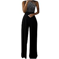 Sleeveless Dressy Jumpsuit for Women Hollow Out Formal High Waist Long Rompers Ruched Wide Leg Playsuit for Party
