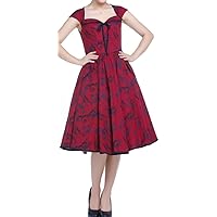 (XS-XL) Sweet Stella - Red w Swirl Print 40s 50s Retro Cotton Cap Sleeve Dress