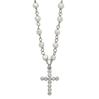 925 Sterling Silver Rh 4 5mm White Freshwater Cultured Pearl CZ Cubic Zirconia Simulated Diamond Religious Faith Cross Necklace 21 Inch Jewelry for Women