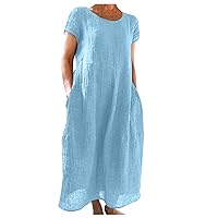 Women's Summer Casual Solid Color Short-Sleeve O-Neck Stitching Loose Pocket Cotton Linen Dress