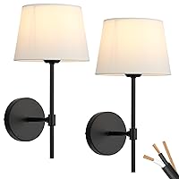 PASSICA DECOR Hardwired Wall Sconce Set of Two 2 Pack Modern Classic Black Metal Lamp Industrial White Fabric Wall Light Fixtures for Bedroom Bathroom Farmhouse Reading Fire Place Living Room