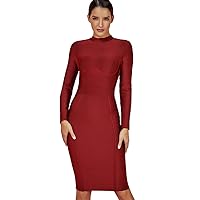 whoinshop Women's Classic Long Sleeve Bandage Bodycon Outfit Elegant Wedding Evening Party Knee Length Dresses Wine M
