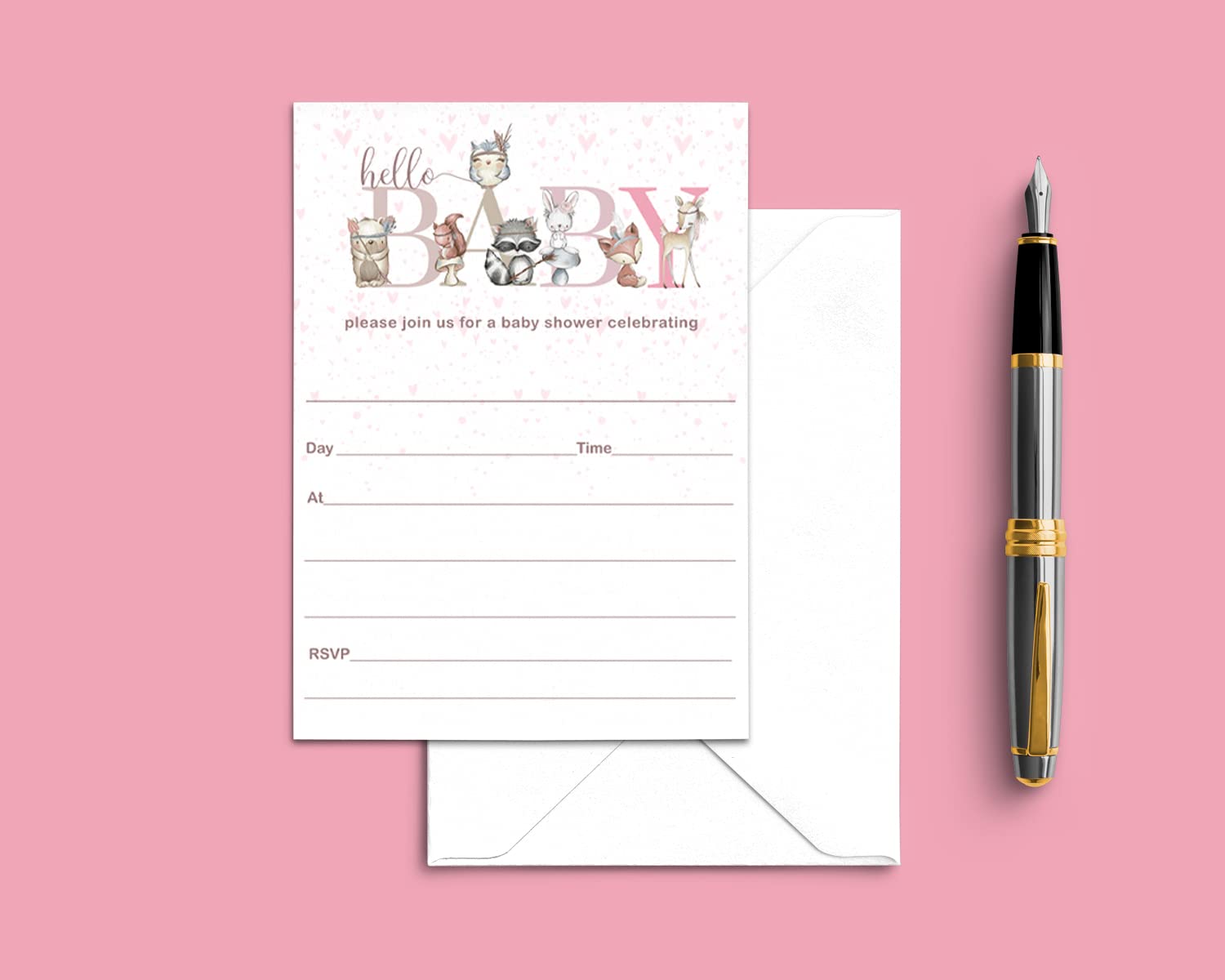 Woodland Friends Invitations with Envelopes (25 Pack) Baby Shower Invitation for Girls Pink, Rustic, Floral or Animal Event Theme – Printed Blank Invites to Handwrite Party Details DIY