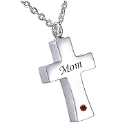 misyou Customized Stainless Steel Memorial January Birthstone Pendant Cremation Cross Pendant Keepsake Necklace （Mom）