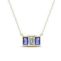 Emerald Cut GIA Certified Natural Diamond & Iolite 1 1/10 ctw Women Three Stone Pendant Necklace 14K Gold