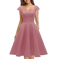 PUKAVT Women's Cocktail Party Dress Cap Sleeve 1950 Retro Swing Dress with Pockets
