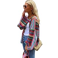 Autumn Colorful Knit Crochet Cardigan Women Flare Long Sleeve Loose Sweater Female Chic Hollow Out Streetwear