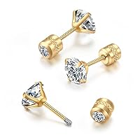 Flat Screw Back Stud Earrings 20G,Tiny Unisex Hypoallergenic Titanium Cartilage Earrings,Safety Screw on Double Round Cubic Zirconia Dainty Helix Earrings for Women,Men,Girls,Size 3-6 mm,Color White Gold - Yellow Gold - Rose Gold - Black