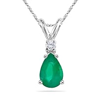 0.02 Cts Diamond & 0.90 Cts of 8x5 mm AA Pear Natural Emerald Solitaire Pendant in 14K White Gold