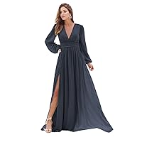 Women's Chiffon Bridesmaid Dresses with Slit V-Neck Prom Dress with Long Sleeves Formal Evening Party Gowns
