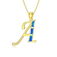 MRENITE 10K 14K 18K Gold Large Initial Necklace with Opal Cubic Zirconia/Diamond Gold Alphabet A-Z Script Initial Pendant Necklace Gift for Women Men