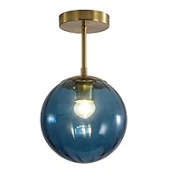 KCO Lighting Small Blue Glass Ceiling Light Minimalist 1-Light Globe Semi Flush Mount Ceiling Light Brushed Gold Flush Mount Ceiling Light Retro Basement Ceiling Lighting Fixtures