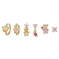 Earrings,Vintage Copper Gold Plated Heart Bear Earrings Cute Zircon Star Bear Stud Earrings Set For Women Girls Jewelry