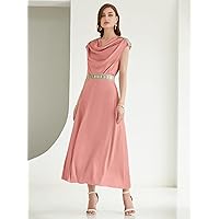 Women's Dress Draped Contrast Tape Tie Back Satin Dress Dresses for Women (Color : Dusty Pink, Size : X-Small)