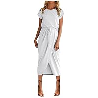 Seaside Summer Short Sleeve Dress Womens Shift Encanto Crew Neck Light Polyester Drawstring Solid Dress