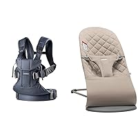 BabyBjörn Baby Carrier One Air, 3D Mesh, Navy Blue, One Size(Pack of 1) & Bouncer Bliss, Sand Gray, Cotton (006017US)