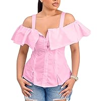 Women Sexy Off Shoulder Ruffle Sleeve Shirt Tops Button Closure Slim Fit Cami Tops Fashion Going Out Party Blouse