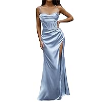 Spring Dresses for Women 2024 Wedding Guest Over 80, Women Sexy Satin Corset Maxi Dress Silky Strap Push Up Fi