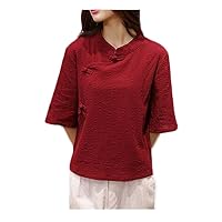Chinese Style Womens Summer Tops Cotton Linen Vintage Cheongsam Blouse Loose Half Sleeve T-Shirt, Red