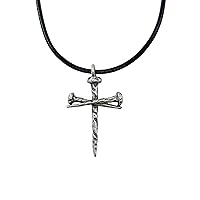 Cross 3 Rugged Nails Cross Pewter Antique Silver Metal Finish Black Cord Necklace