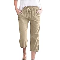 Women's High Waist Cotton Linen Pants Drawstring Capri Pants with Pockets Straight Wide Leg Cropped Pants for Women
