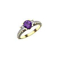 0.60 Ctw Round Cut Natural Amethyst And Diamond Ring In 14k Solid Gold For Girls And Women 6 MM Amethyst And 1.5 MM And 2.5 MM Diamond