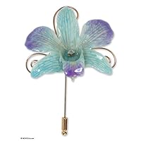 NOVICA Handmade Natural Orchid Goldplated Stickpin Flower Leaf No Stone Thailand Floral [2.8 in L x 1.8 in W x 0.8 in D] 'Forever Blue'